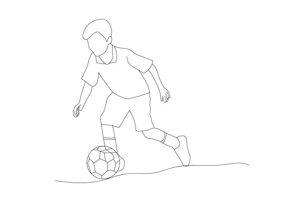 Niño jugando al fútbol Vector de contorno continuo aislado en fondo blanco.