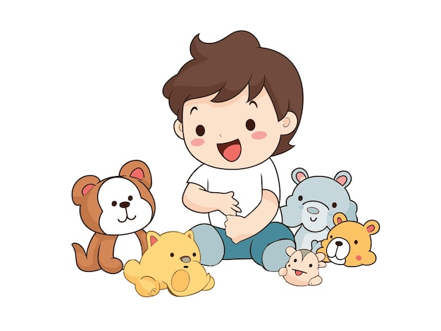 Niño jugando con animales de peluche