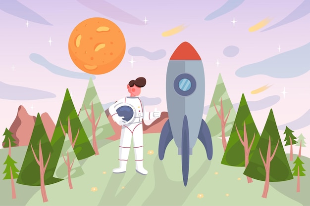 Niño jugando a astronauta en el fondo del bosque