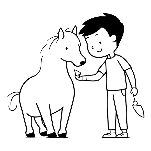 Niño jugando con un caballo Ilustración vectorial de dibujos animados