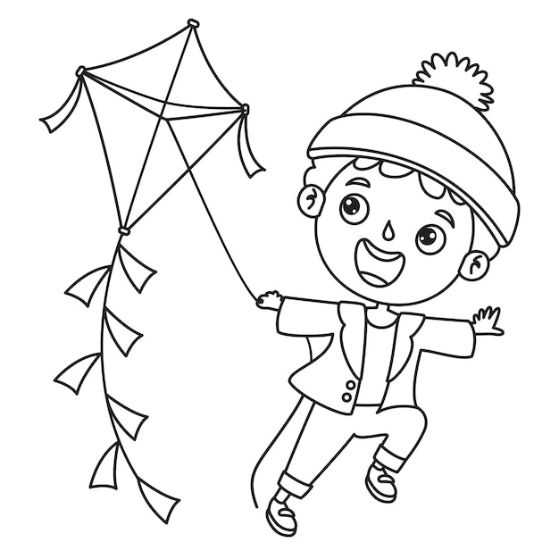 Niño jugando con una cometa, dibujo de arte lineal para niños, página para  colorear | Vector Premium
