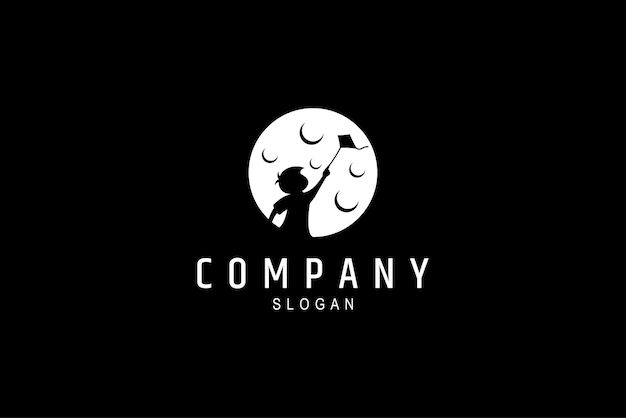 Niño jugando a la cometa en el fondo de la luna ilustración vectorial plana estilo de diseño del logotipo