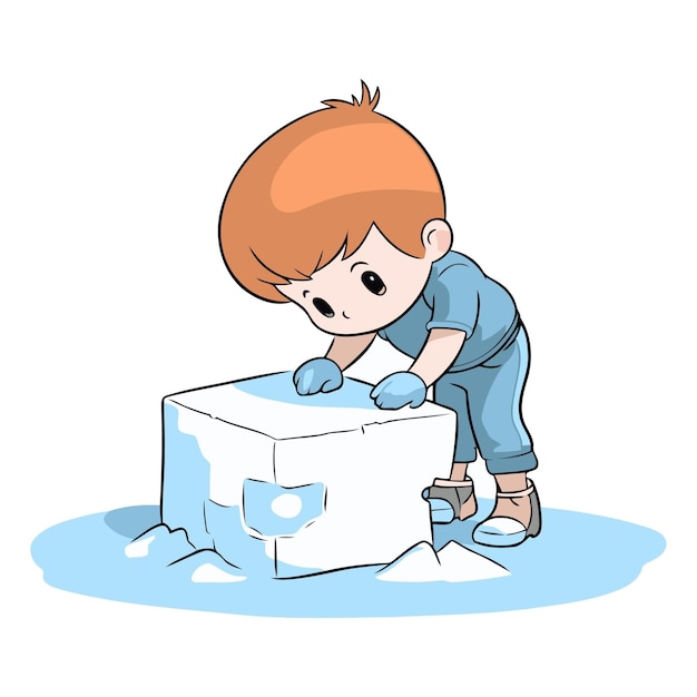 Vector niño jugando con un cubo de hielo ilustración vectorial de dibujos animados