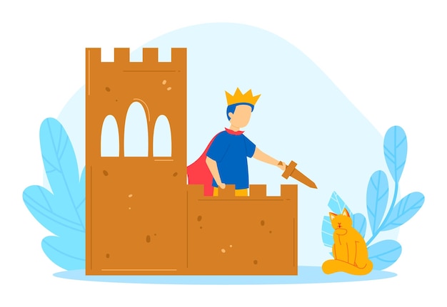 Un niño jugando a fingir ser un rey medieval en lo alto de un castillo de madera comandando un gato de peluche.