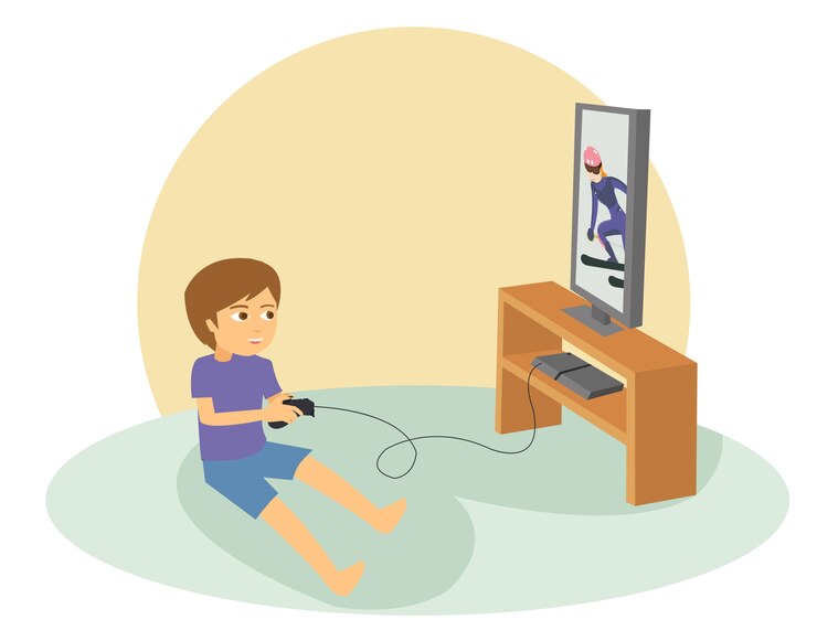 Vector niño jugando juegos en su gran pantalla plana de televisión