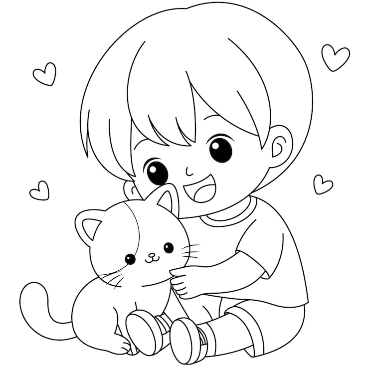 Vector niño jugando con un lindo gato página de colorear clipart personaje de dibujos animados ilustración del día de los niños
