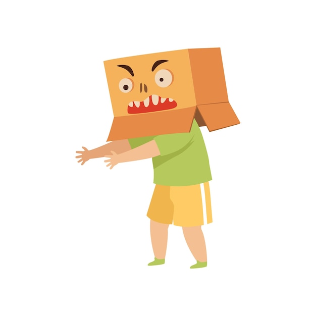 Niño jugando monstruo aterrador con una caja de cartón en la cabeza ilustración vectorial sobre un fondo blanco