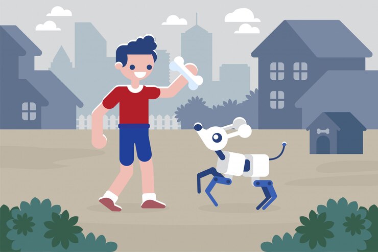 Vector niño jugando con perro cibernético concepto de inteligencia artificial