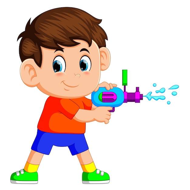 Vector niño jugando con pistola de agua