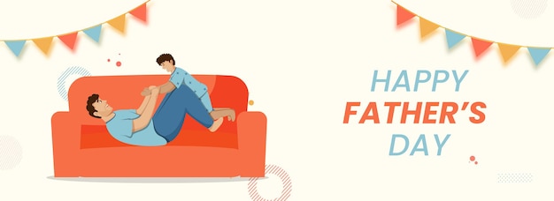 Niño jugando con su padre en el sofá con motivo del feliz día del padre. Diseño de encabezado o banner.