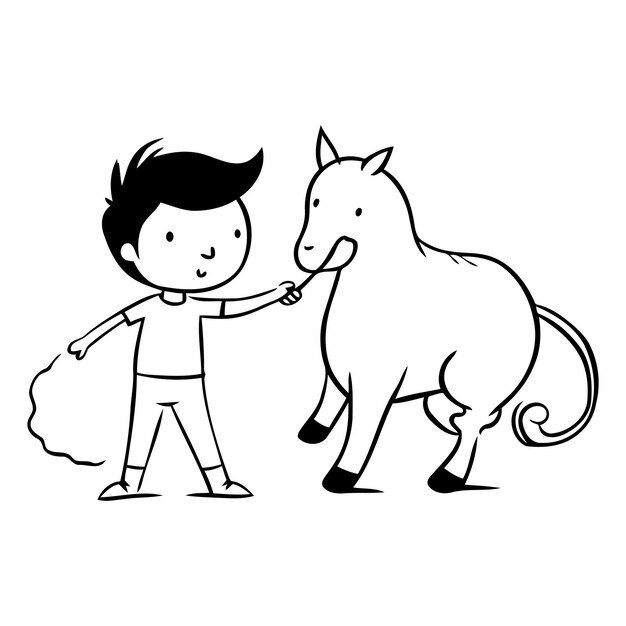 Vector niño jugando con un unicornio sobre un fondo blanco