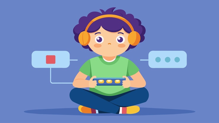 Vector un niño jugando a un videojuego que ajusta el nivel de dificultad en tiempo real basado en su cerebro