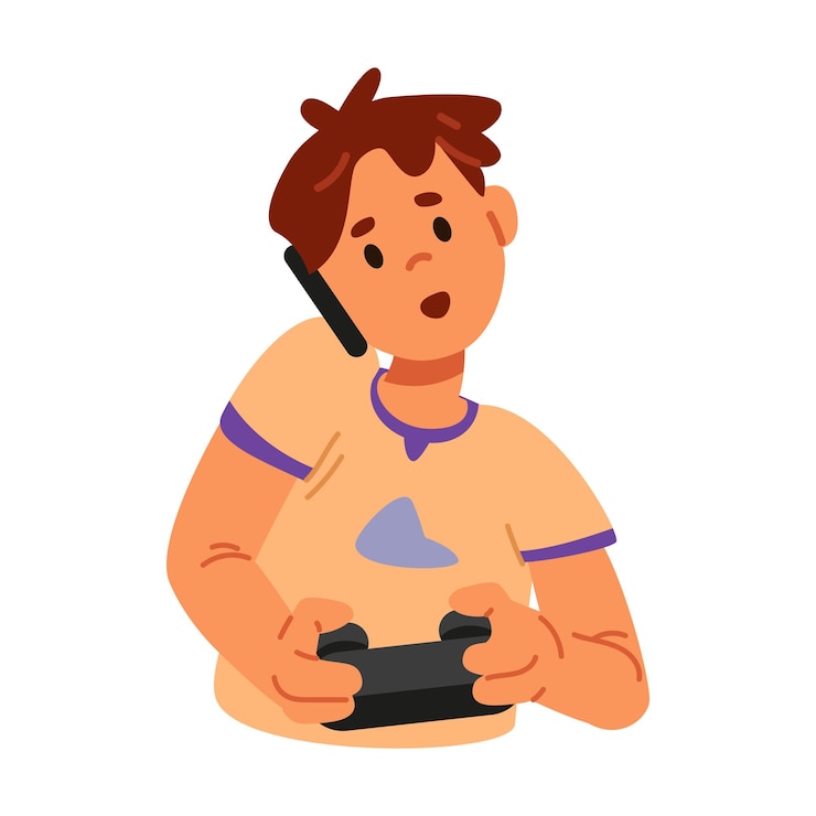 Vector niño jugando a videojuegos con un gamepad y hablando por teléfono