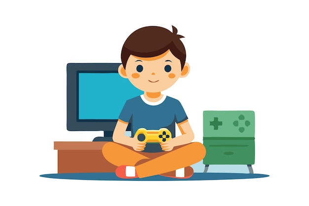 Niño jugando videojuegos sentado en el suelo