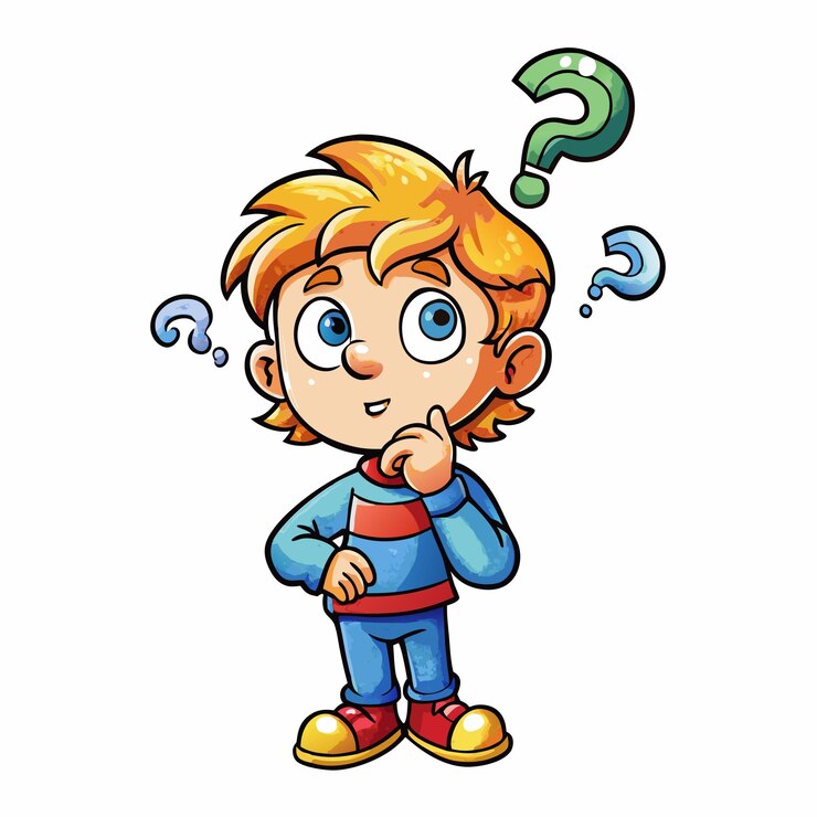 Vector niño juguetón con marcas de preguntas flotantes ilustración vectorial de dibujos animados