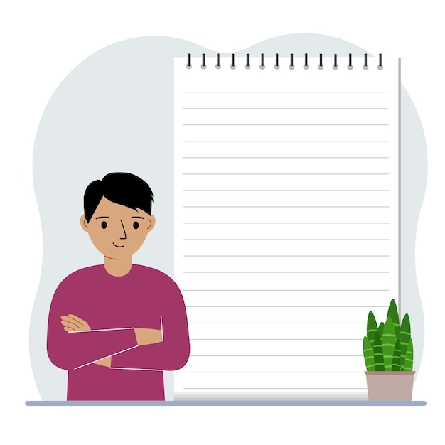 Niño junto a un bloc de notas grande o un cuaderno grande El concepto de llenar un cuaderno escribiendo notas