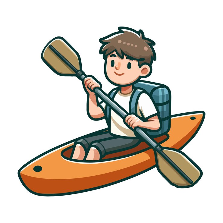Vector niño en un kayak con una paleta vector de dibujos animados