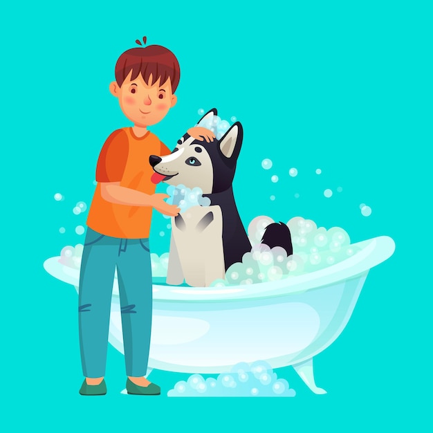 Vector niño lavando perro