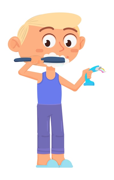 Vector niño lavándose los dientes. higiene dental. personaje infantil de dibujos animados