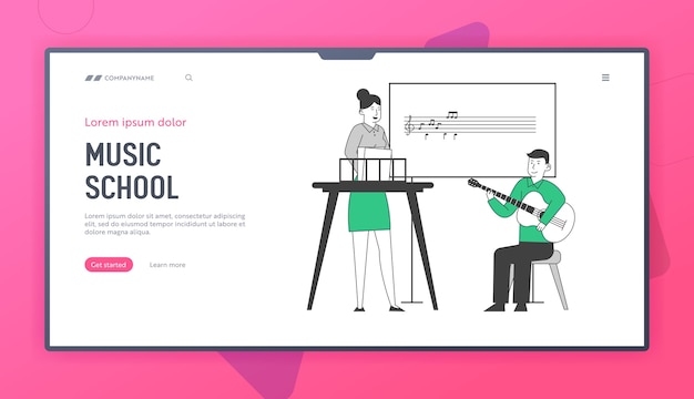 Niño con lección en la página de inicio del sitio web de la escuela de música