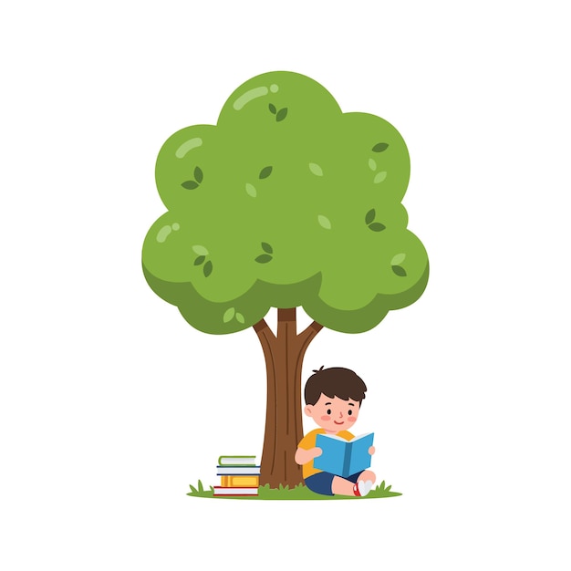 Niño leyendo bajo un gran árbol verde en una ilustración vectorial de estilo colorido plano