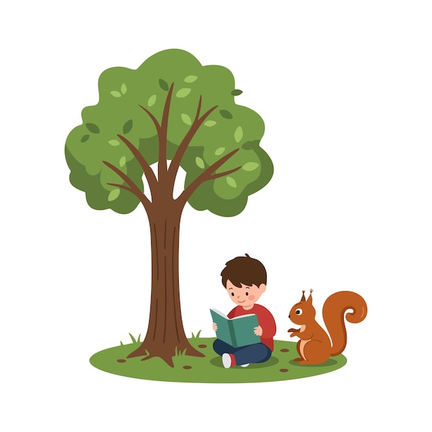 Niño leyendo un libro bajo un árbol de hojas con una ardilla curiosa sentada cerca en una escena de naturaleza pacífica
