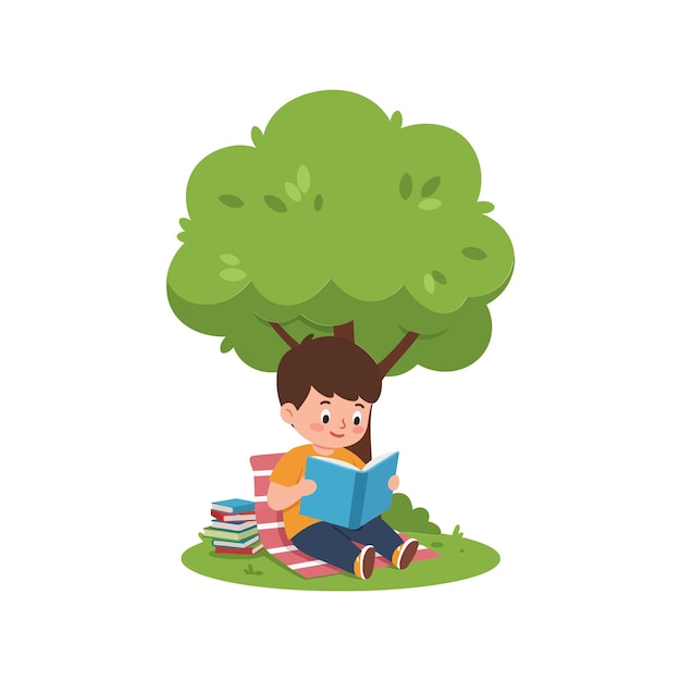 Niño leyendo un libro bajo un árbol verde en una ilustración vectorial plana