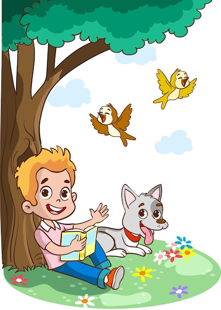 Niño leyendo un libro debajo de un árbol con pájaros volando a su alrededor.