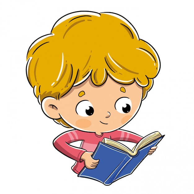 Vector niño leyendo un libro feliz y cuidadosamente