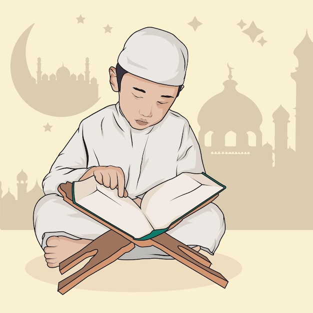 Un niño leyendo un libro frente a una mezquita.