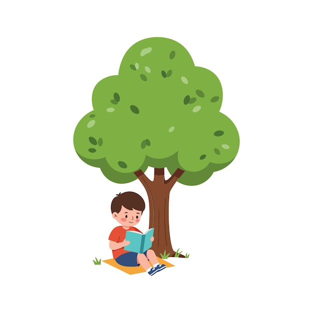 Niño leyendo un libro bajo un gran árbol verde en estilo de arte vectorial plano