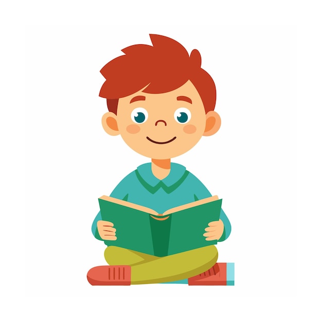 Un niño leyendo un libro de ilustración vectorial de estilo plano