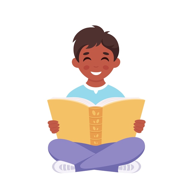 Niño leyendo libro Niño estudiando con un libro Ilustración vectorial