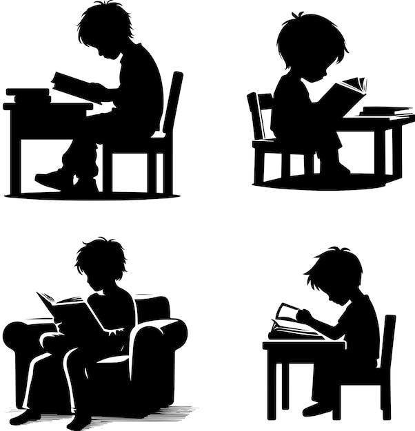 Vector un niño leyendo libro silueta vectorial 2