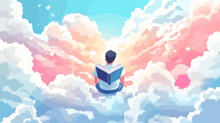 Vector niño leyendo libros al aire libre con nubes en el día de la literatura