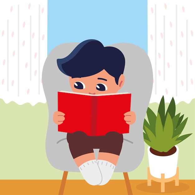 Niño leyendo en una silla estudiando en casa
