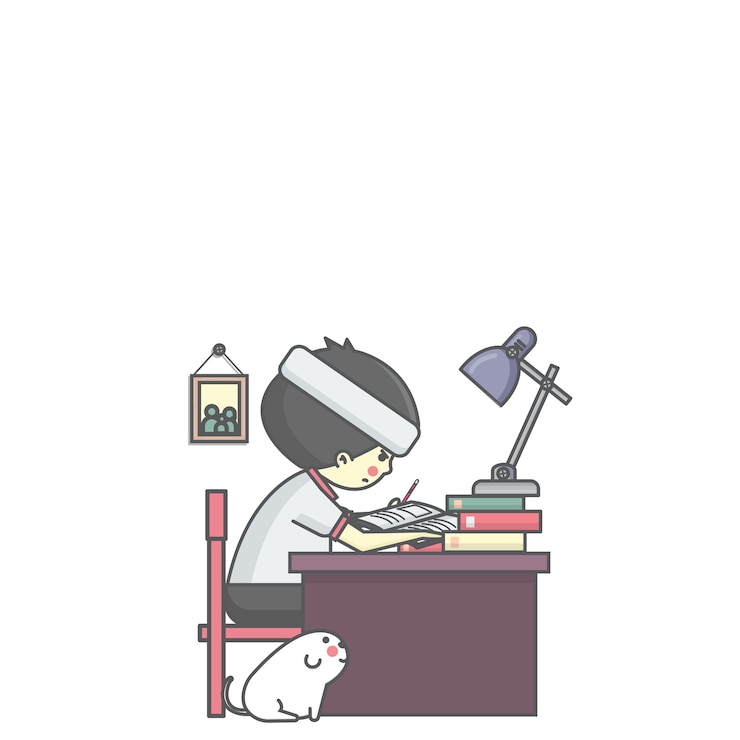 Vector niño y el libro de lectura del perro para la ilustración del vector de la educación del examen