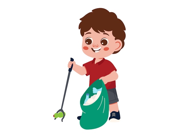 Un niño limpiando la basura con una ilustración de una bolsa de basura
