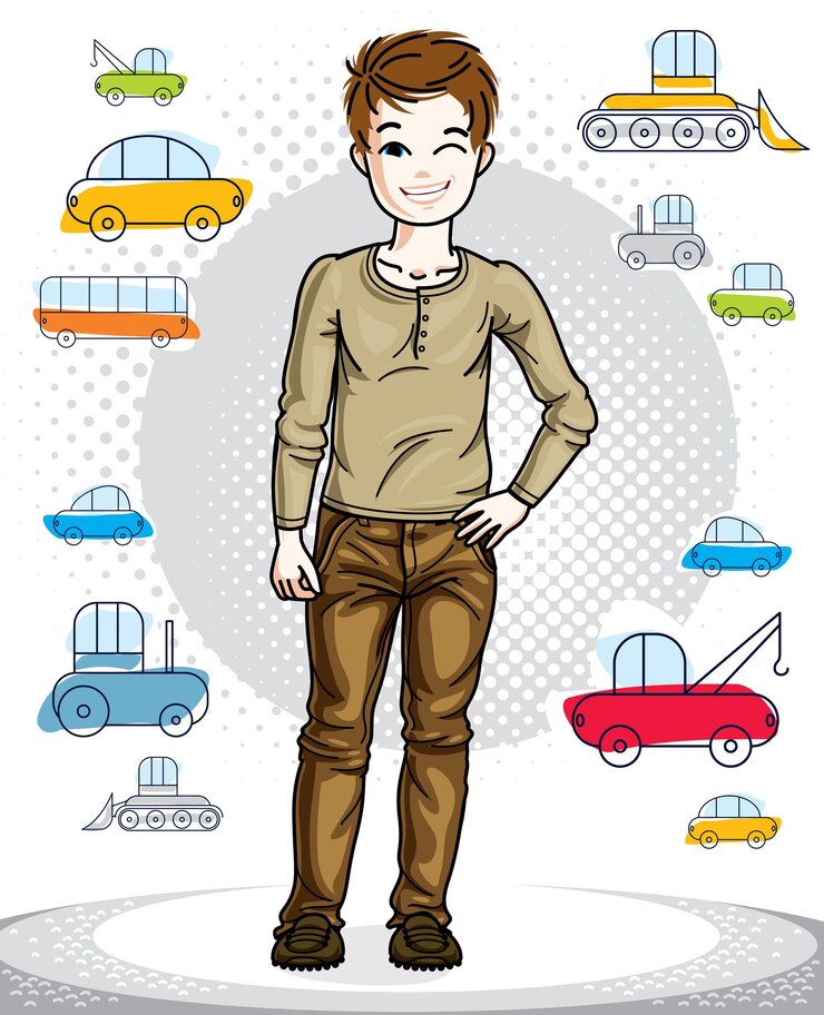 Vector un niño lindo adolescente de pie con ropa informal de moda. vector ilustración humana bastante agradable. dibujos animados de estilo de vida infantil.