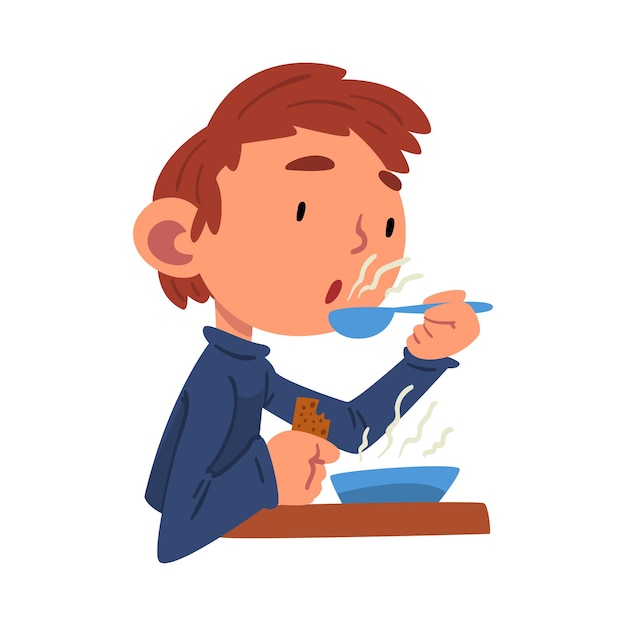 Niño lindo almorzando Niño preescolar Actividad rutinaria diaria Ilustración vectorial de dibujos animados