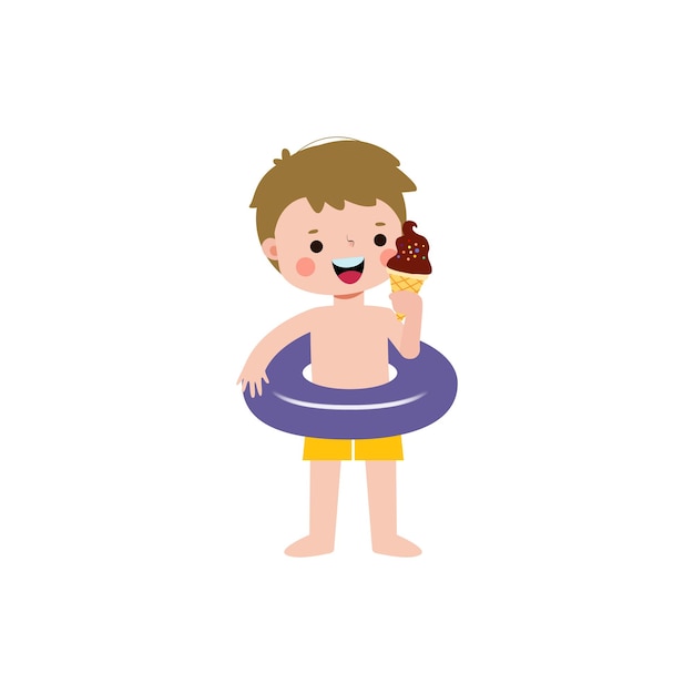 Niño lindo con anillo flotante y comiendo helado en la fiesta de la piscina personaje de dibujos animados de estilo vector plano
