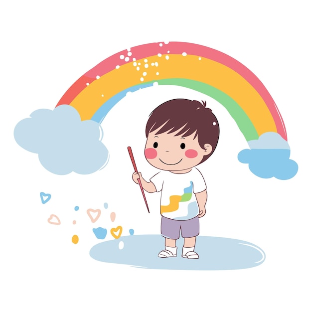 Vector niño lindo con arco iris y nubes diseño de ilustración vectorial