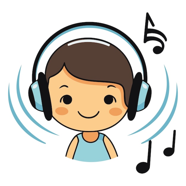 Vector niño lindo con auriculares y notas musicales ilustración vectorial eps 10