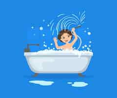 Vector niño lindo bañándose en la bañera de burbujas ilustración vectorial de rutina diaria