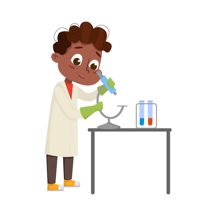 Vector un niño lindo en bata de laboratorio examinando la estructura molecular a través de la ilustración vectorial del microscopio