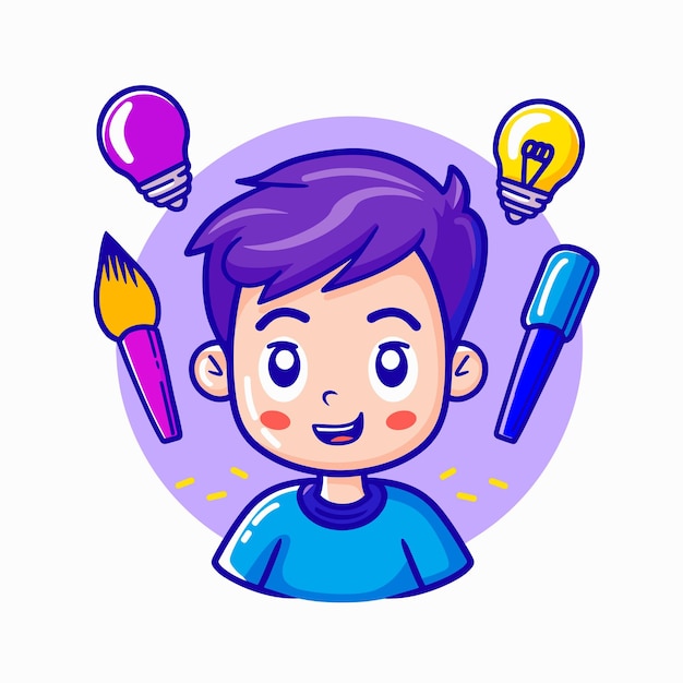 Niño lindo con bolígrafo, pincel, bombilla, pensamiento creativo, concepto, ilustración vectorial