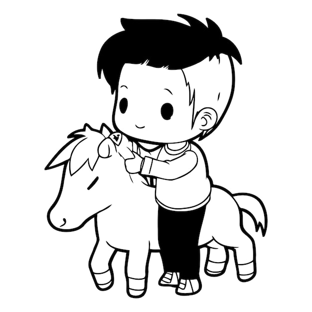 Niño lindo y caballo blanco sobre fondo blanco