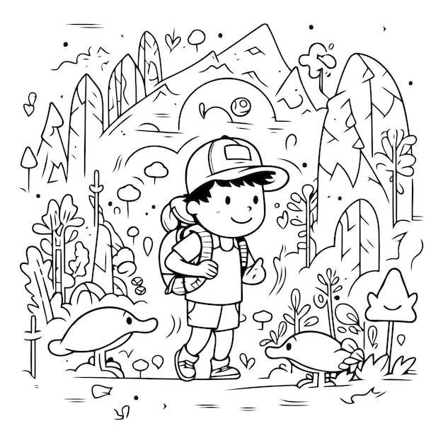 Vector un niño lindo caminando con su perro en el bosque.