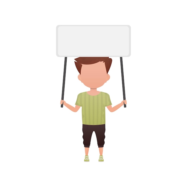 Un niño lindo con un cartel en blanco Aislado sobre fondo blanco Estilo de dibujos animados Ilustración vectorial