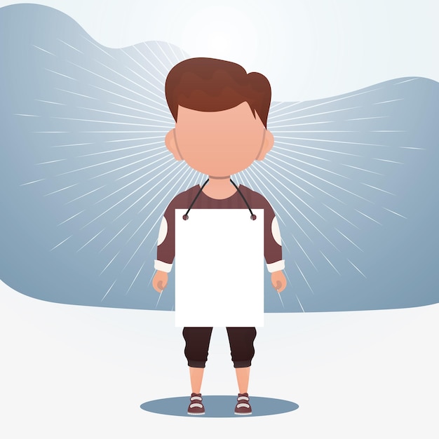 Un niño lindo con un cartel en blanco Lugar para el texto Estilo de dibujos animados Ilustración vectorial